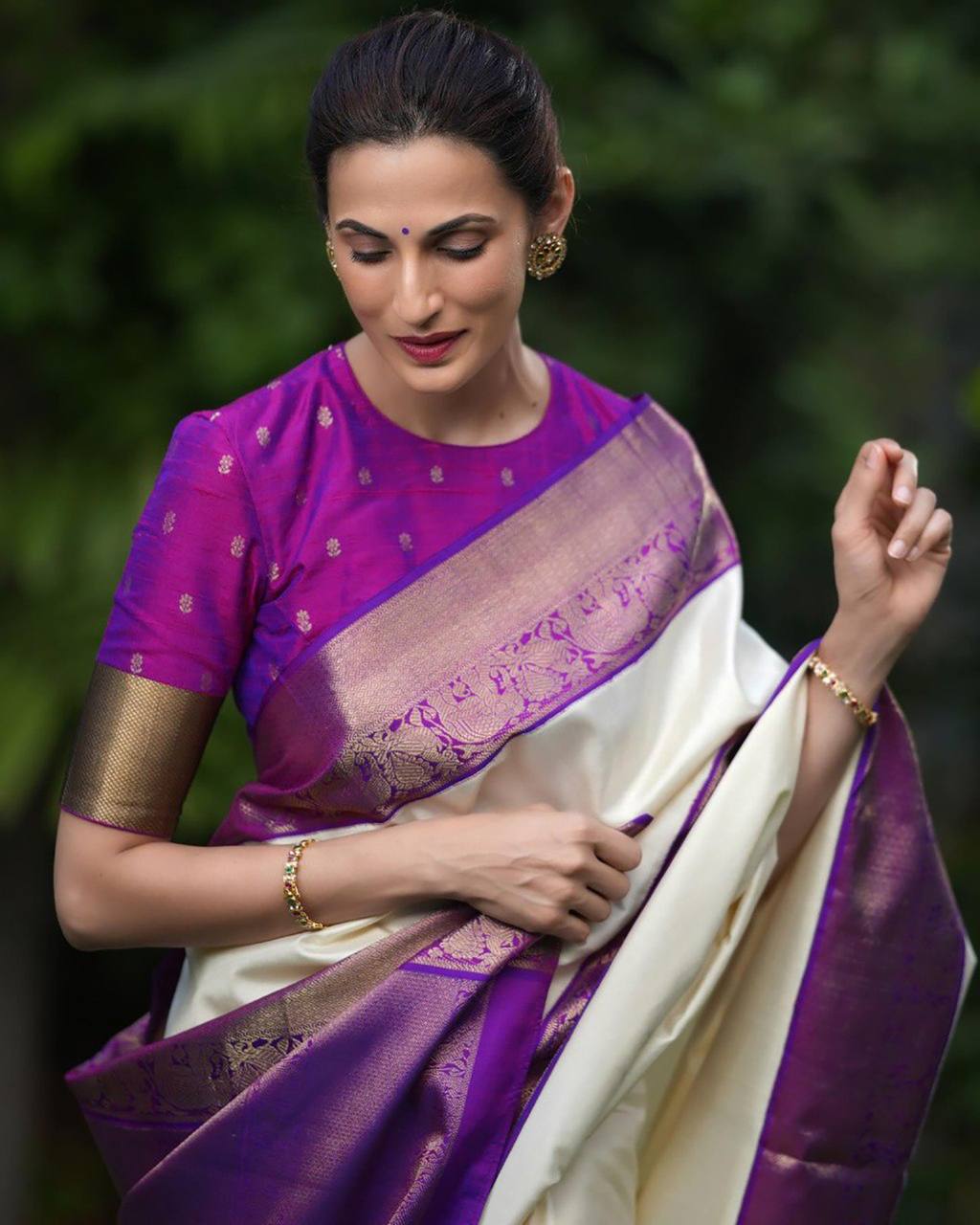 Elegant Off White Silk Saree with Purple Zari Border and Blouse