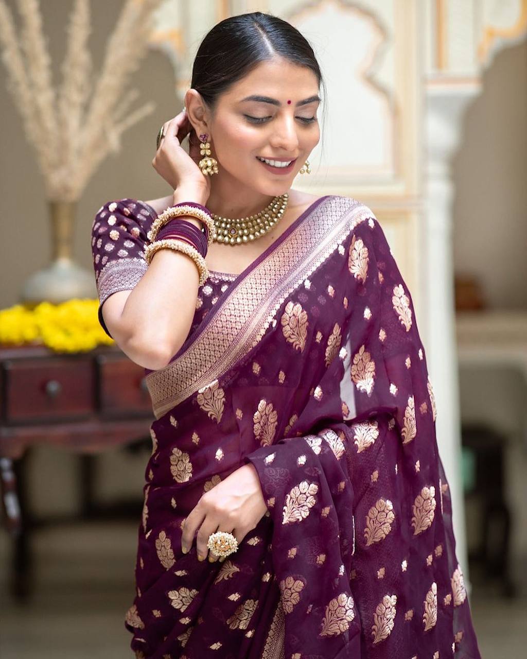 Purple Banarasi Silk Saree with Golden Zari Work and Contrast Blouse