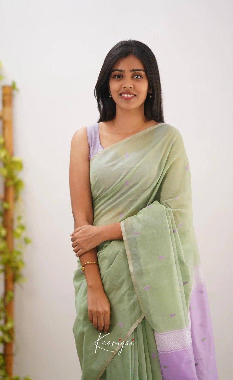 Pastel Green Linen Saree with Lavender Border