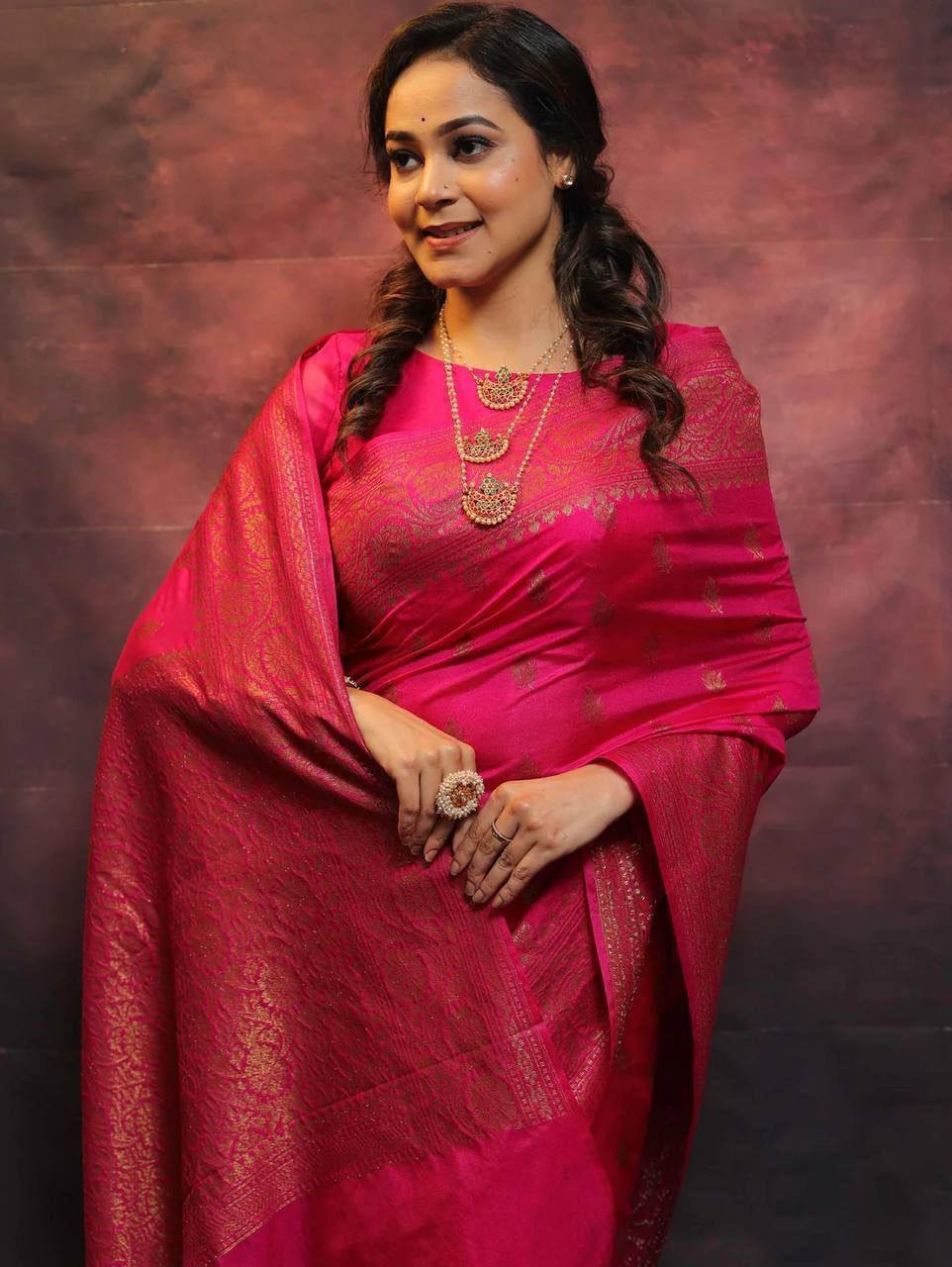 Vibrant Pink Banarasi Silk Saree with Gold Zari Work
