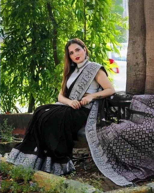 Black Banarasi Silk Saree with Silver Zari Border
