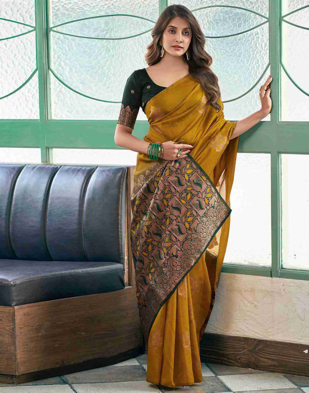 Mustard Yellow Banarasi Silk Saree with Embroidered Border and Green Blouse