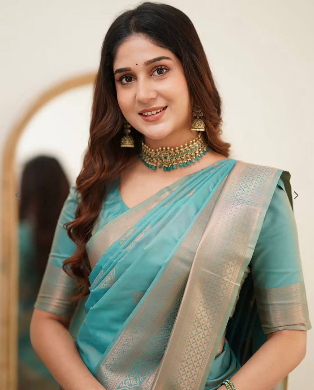 Turquoise Blue Silk Saree with Golden Zari Border