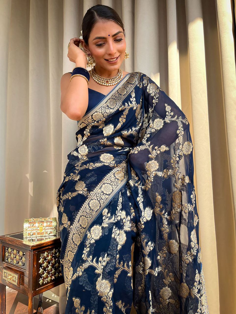Navy Blue Banarasi Silk Saree with Golden Zari Floral Work