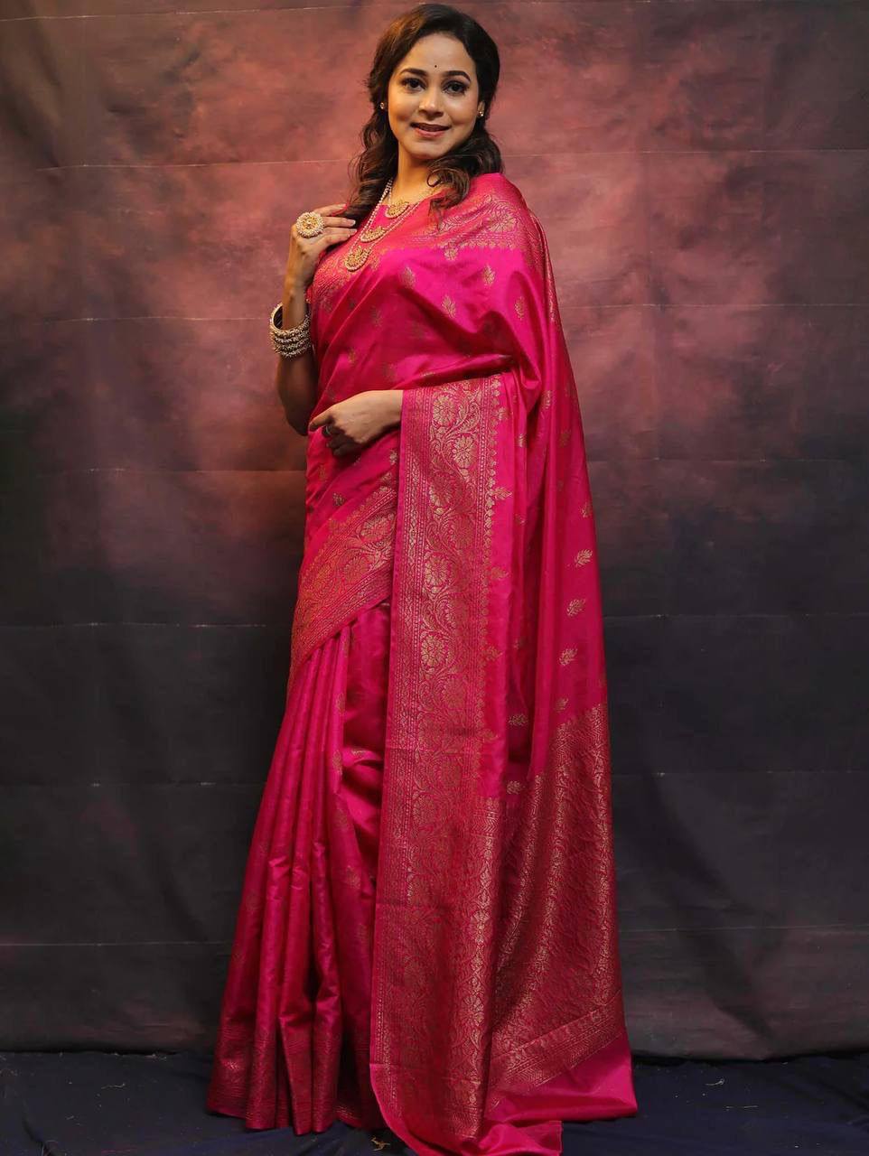 Vibrant Pink Banarasi Silk Saree with Gold Zari Work