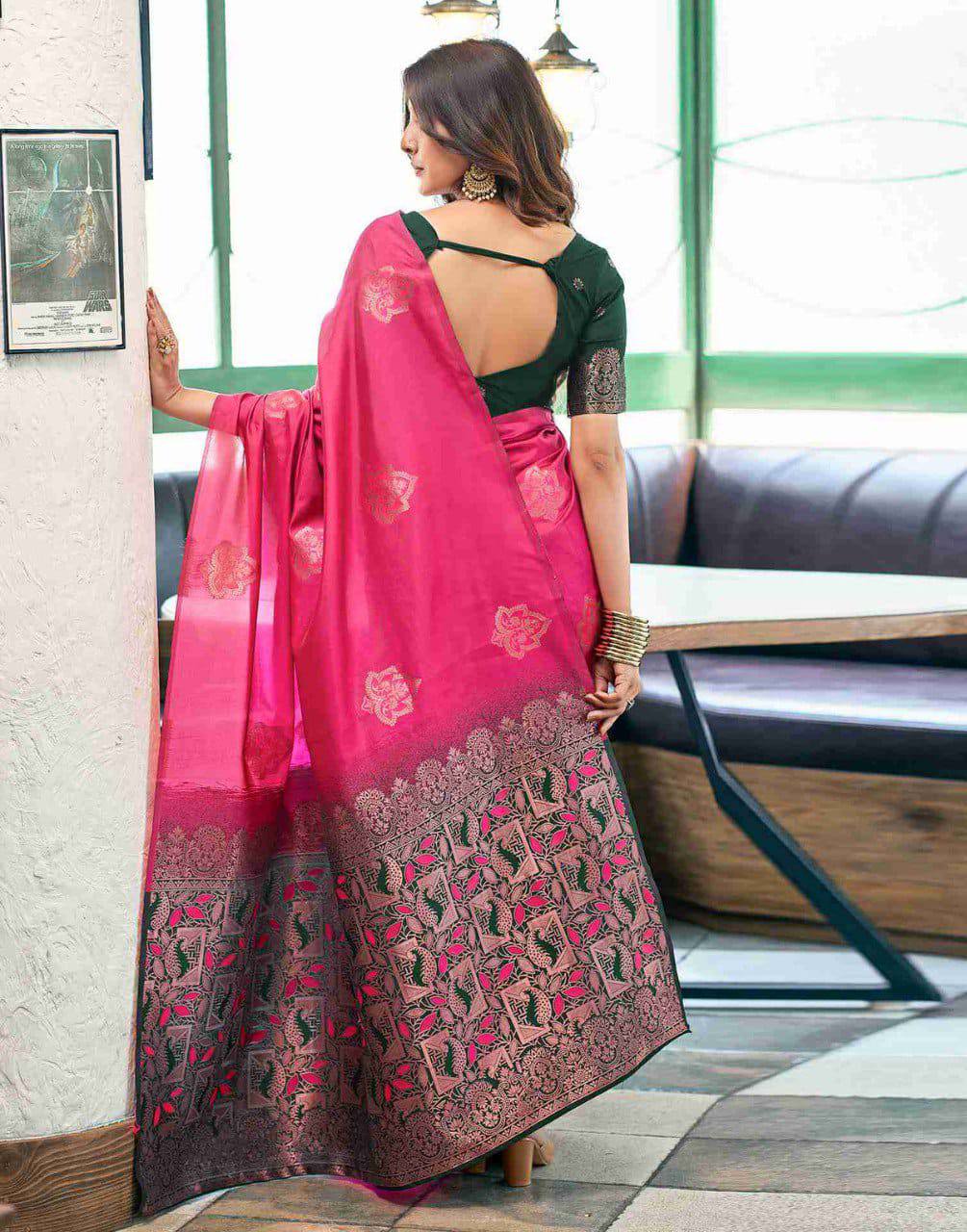 Pink Banarasi Silk Saree with Embroidered Border and Green Blouse