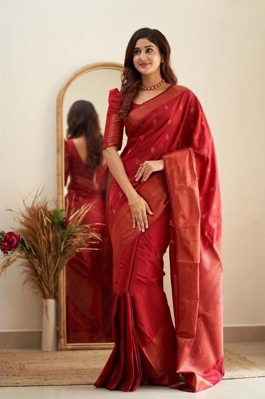 Elegant Red Silk Saree with Golden Border and Zari Work