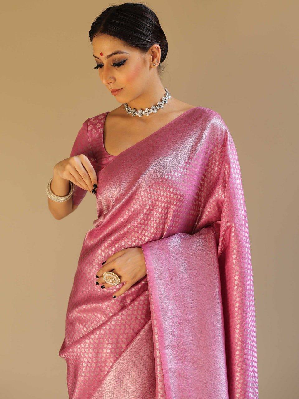 Pink Banarasi Silk Saree with Zari Work