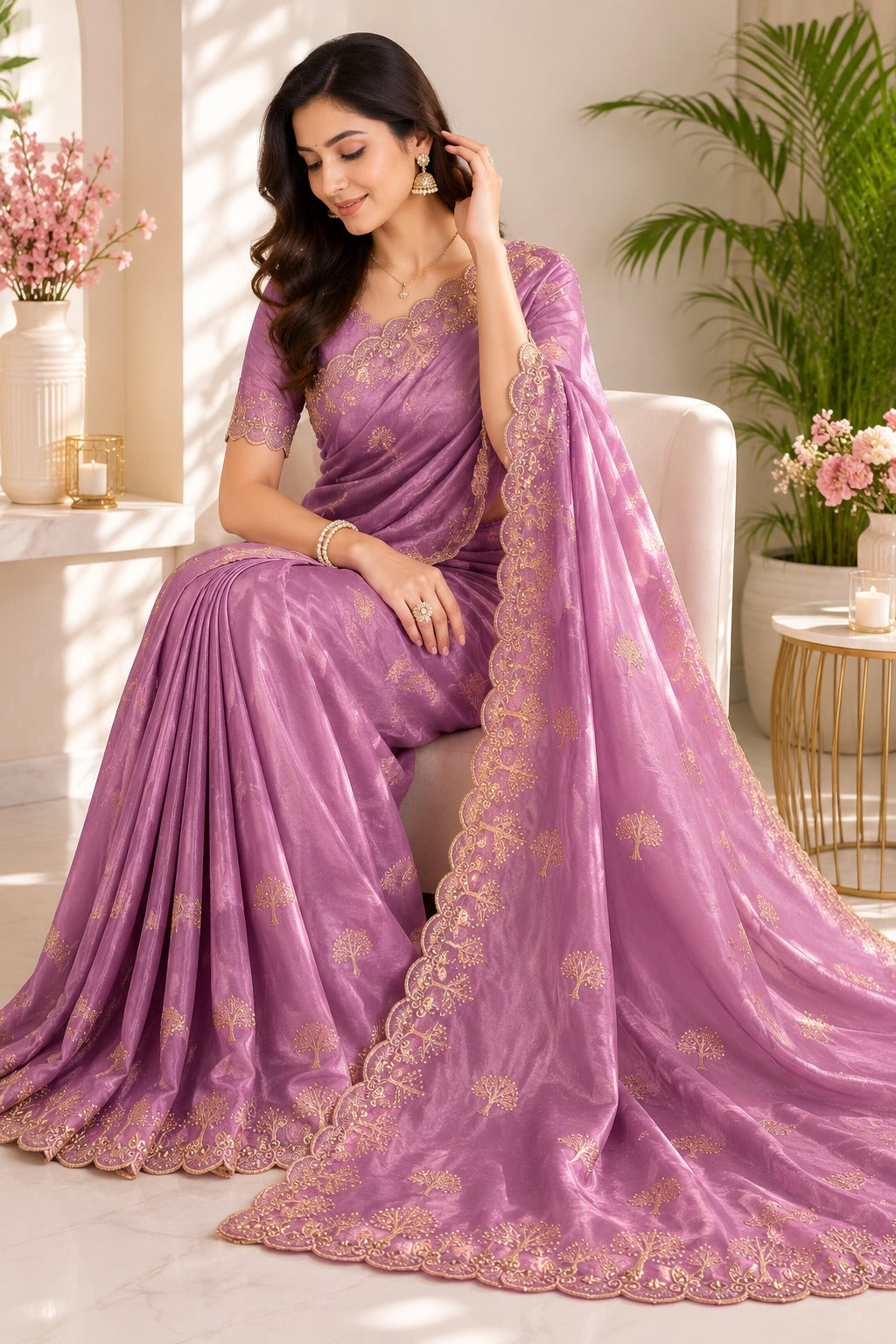 Chocolate Silk Saree with Sequence & Beads Work
