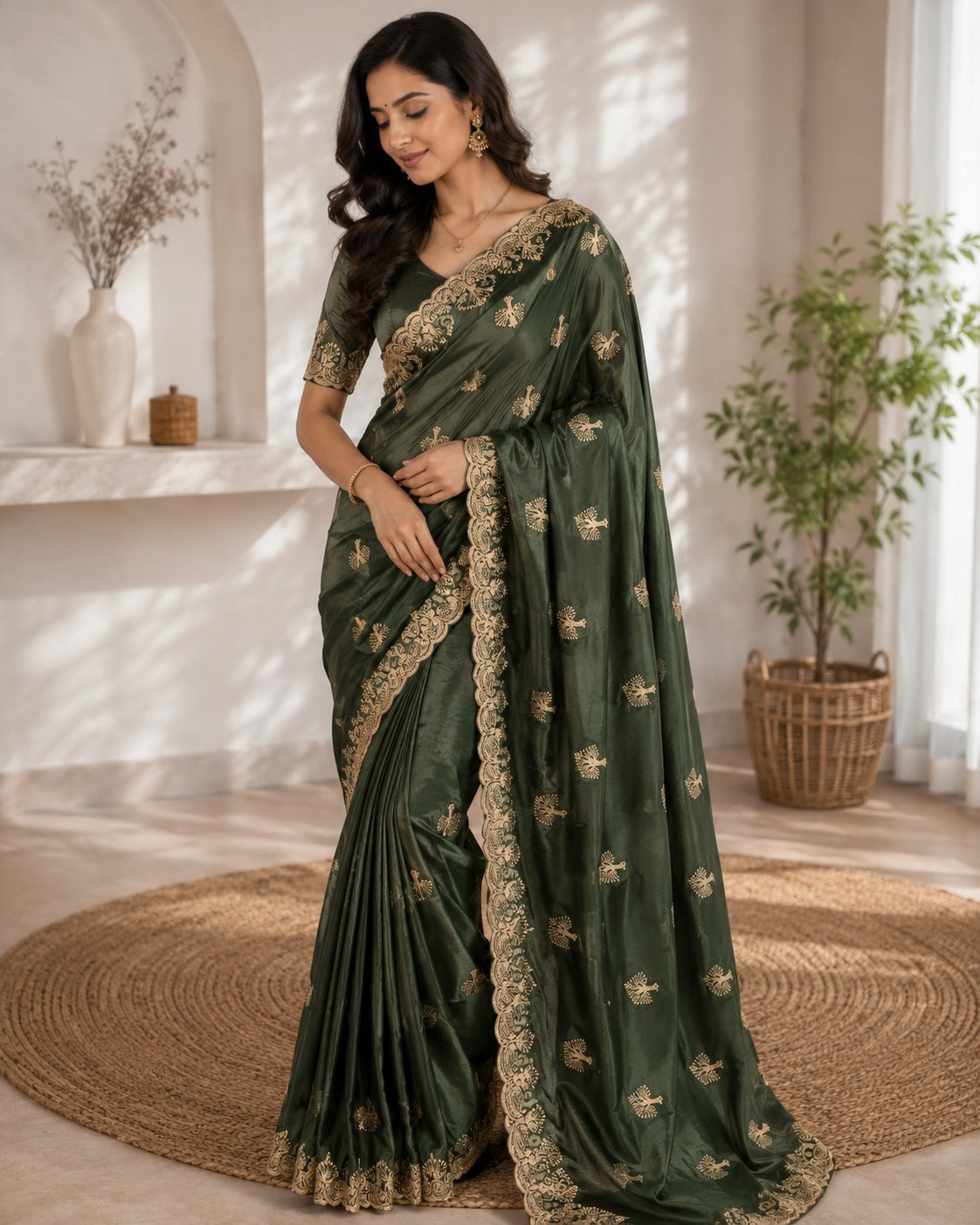 Chocolate Silk Saree with Sequence & Beads Work