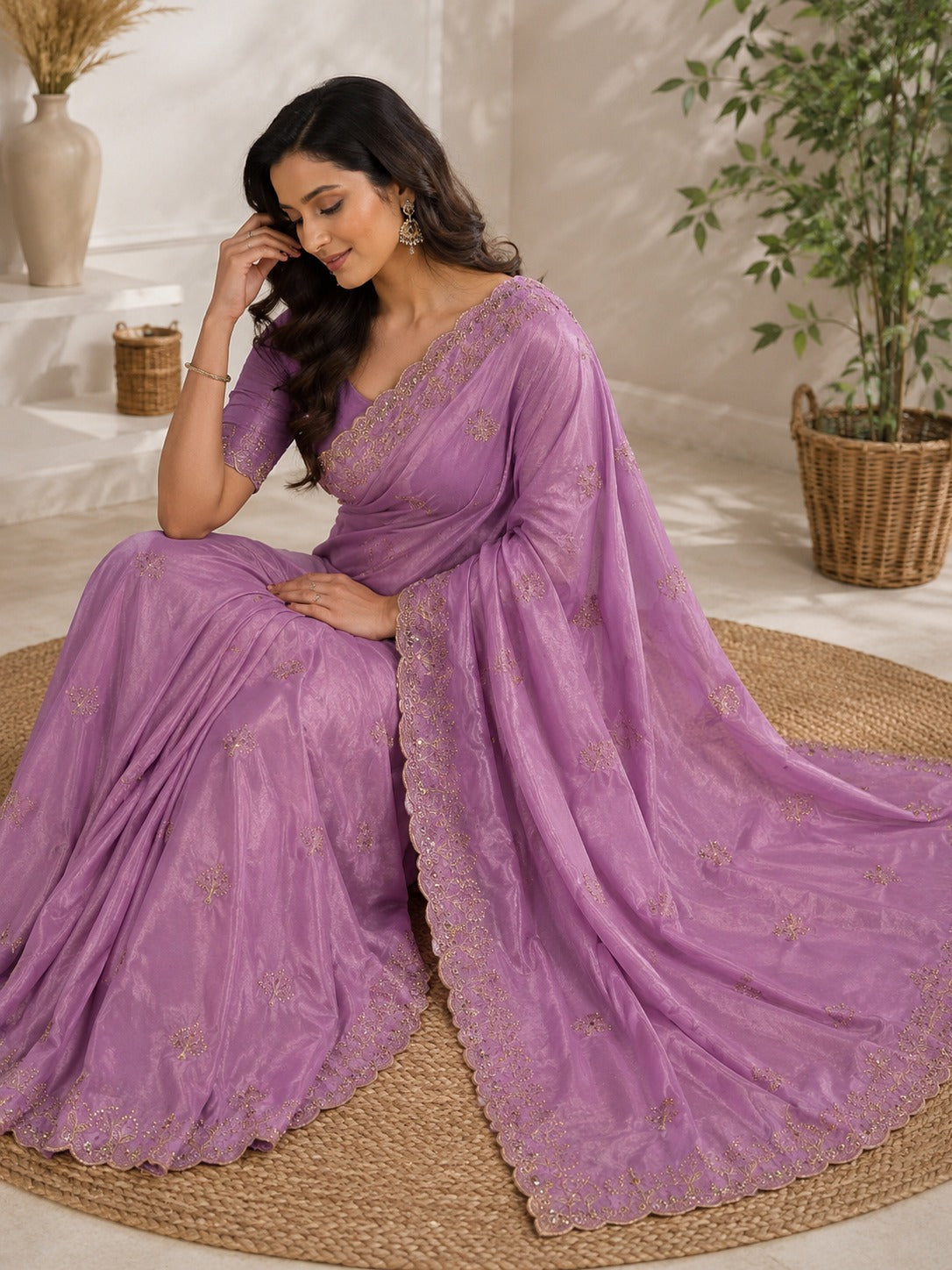 Chocolate Silk Saree with Sequence & Beads Work