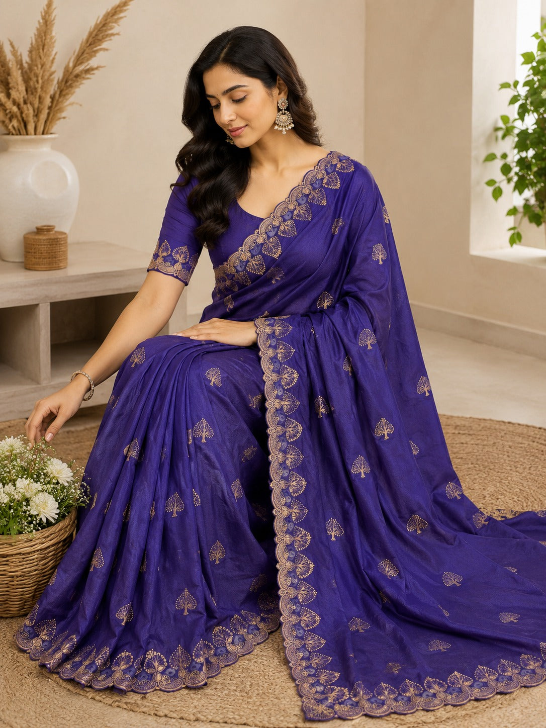 Chocolate Silk Saree with Sequence & Beads Work
