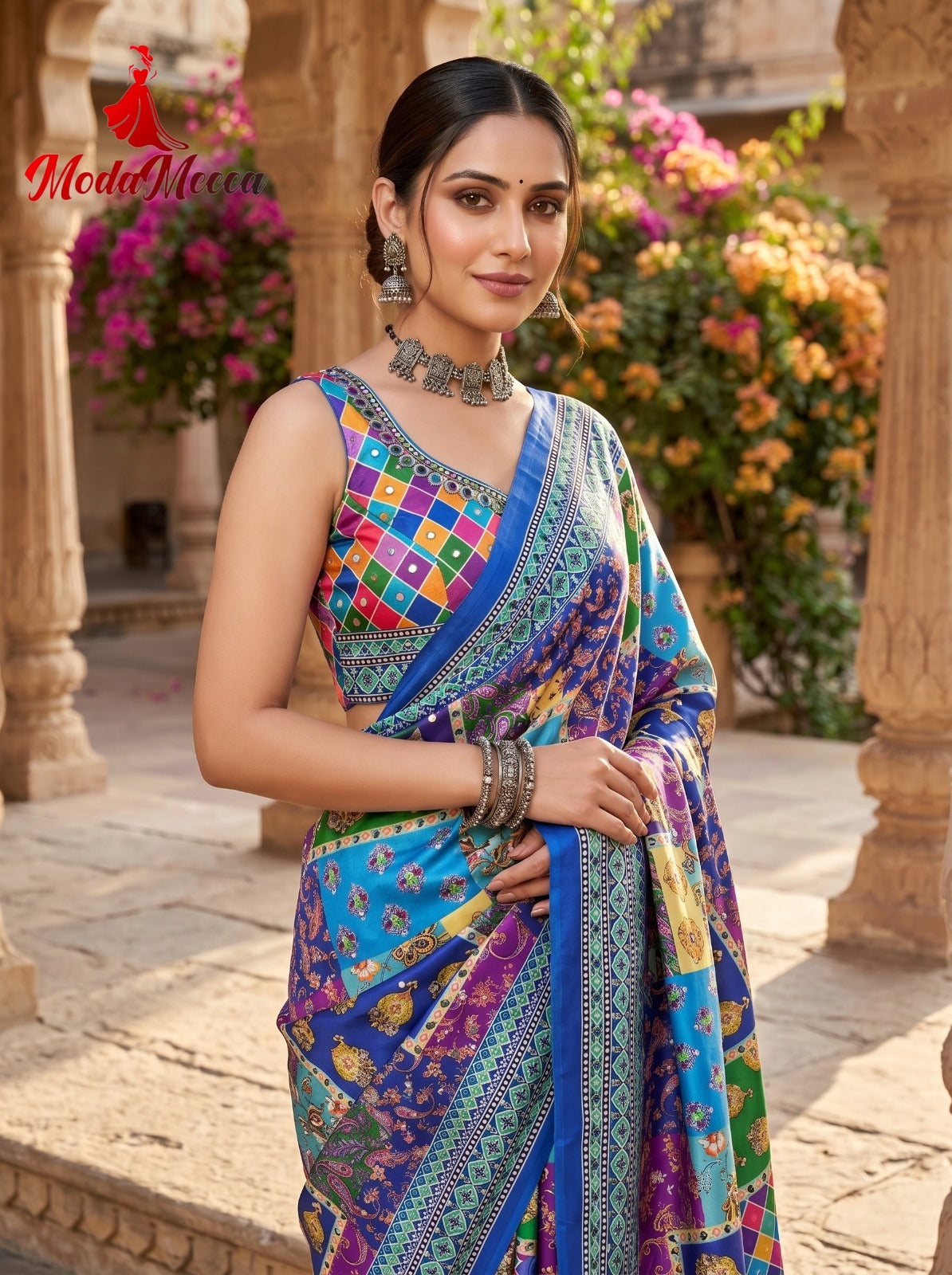 Chamkila Blue Premium Crepe Silk Saree with Rajgharana Culture Digital Print & Mirror Work | Designer Party Wear Saree