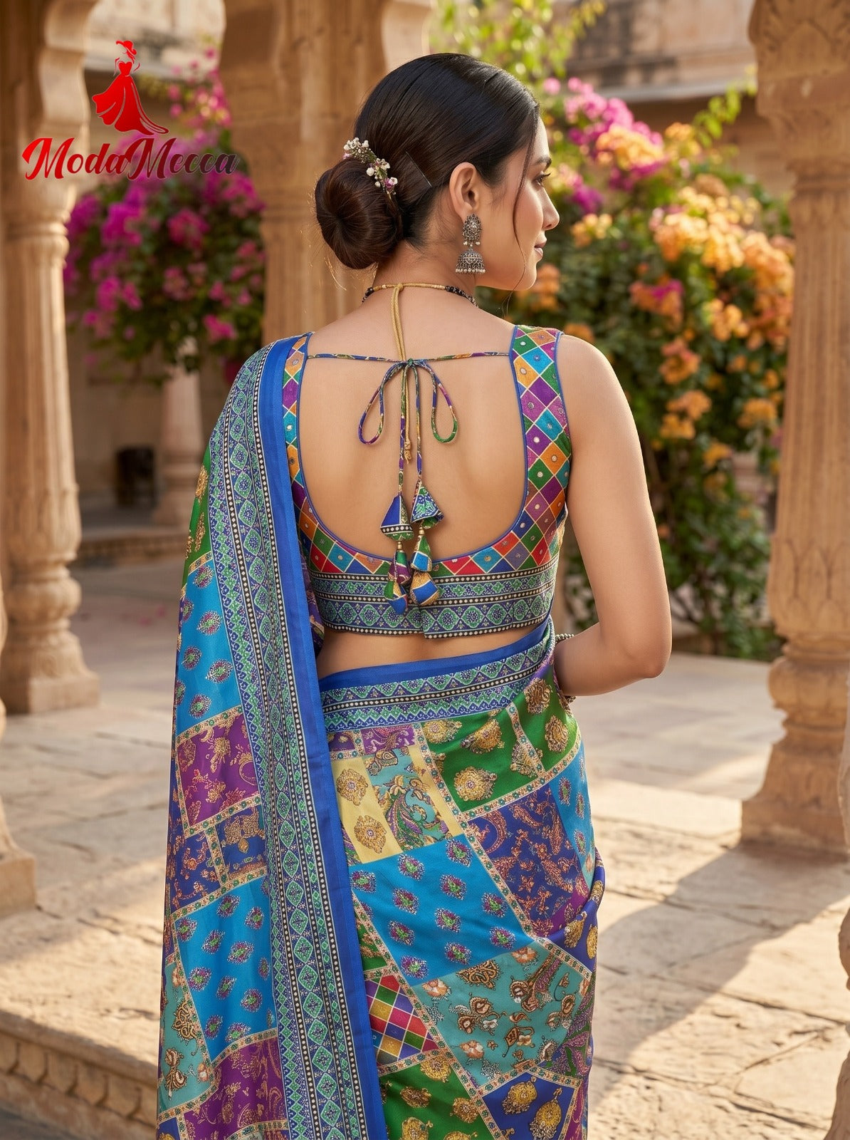Chamkila Blue Premium Crepe Silk Saree with Rajgharana Culture Digital Print & Mirror Work | Designer Party Wear Saree