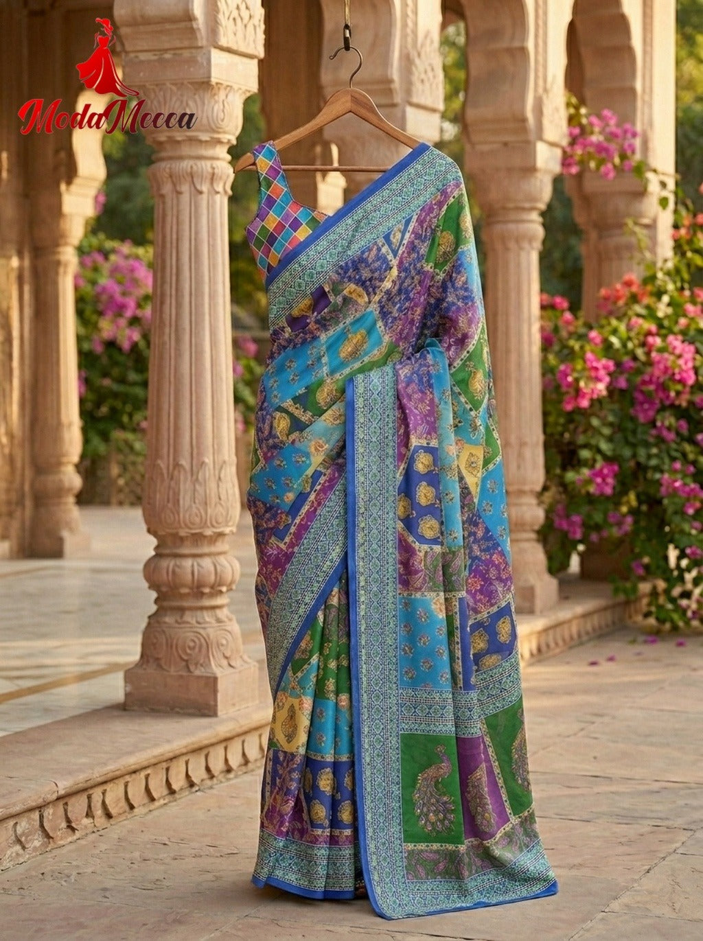 Chamkila Blue Premium Crepe Silk Saree with Rajgharana Culture Digital Print & Mirror Work | Designer Party Wear Saree