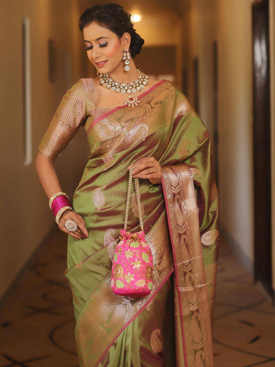Banarasi Silk Saree with Woven Zari Border Traditional Green Silk Saree