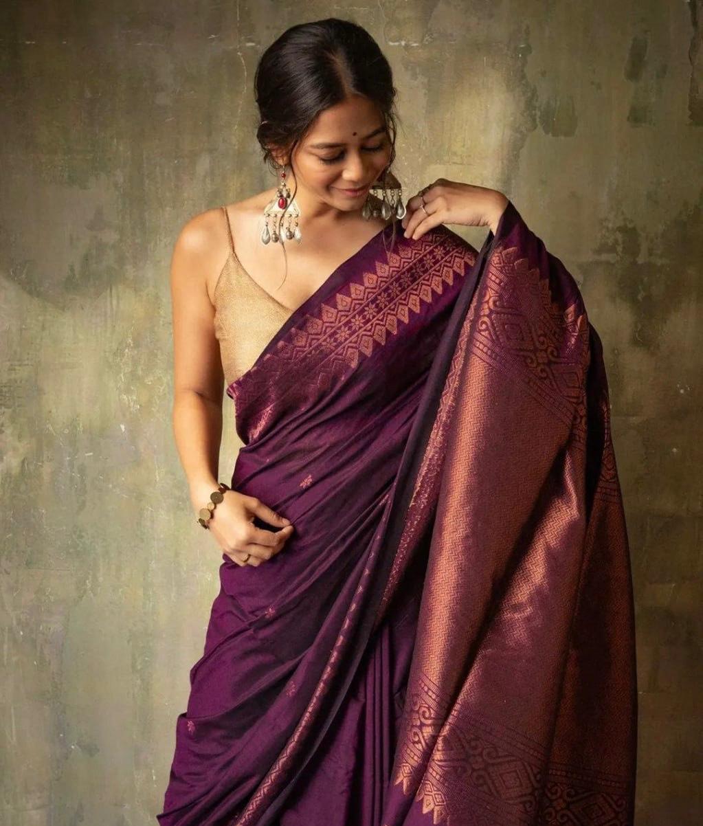 Purple Kanchipuram Silk Saree with Copper Zari Border