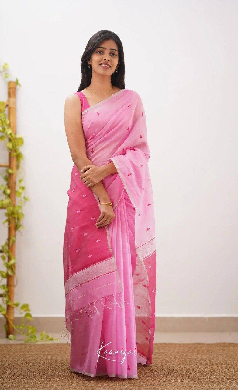 Pink Linen Saree with Embroidered Motifs and Contrast Border