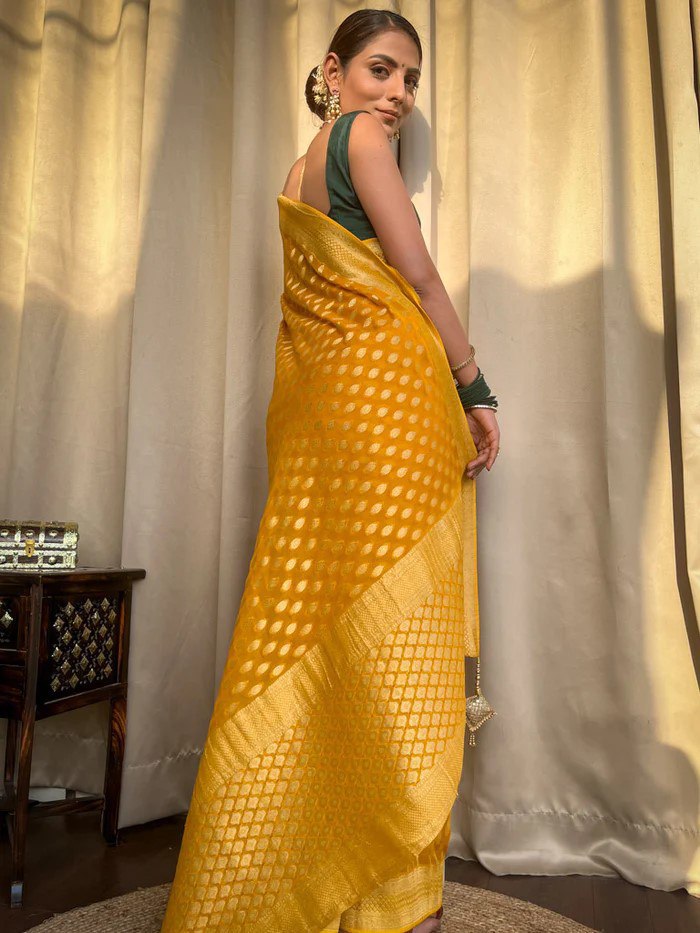 Yellow Banarasi Silk Saree with Green Blouse