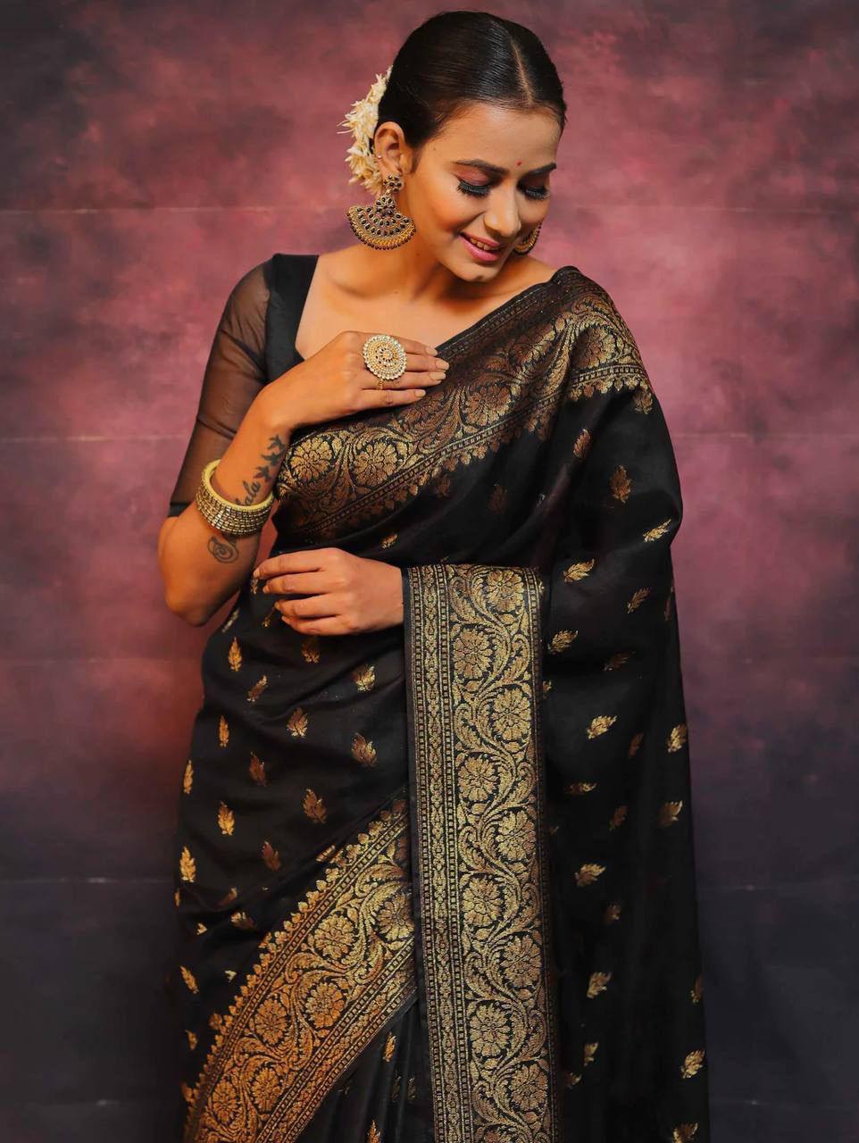 Black Silk Saree with Golden Zari Weaving and Sheer Blouse