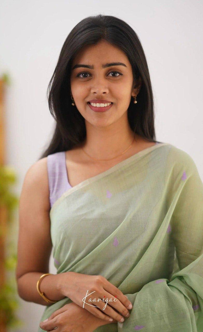 Pastel Green Linen Saree with Lavender Border