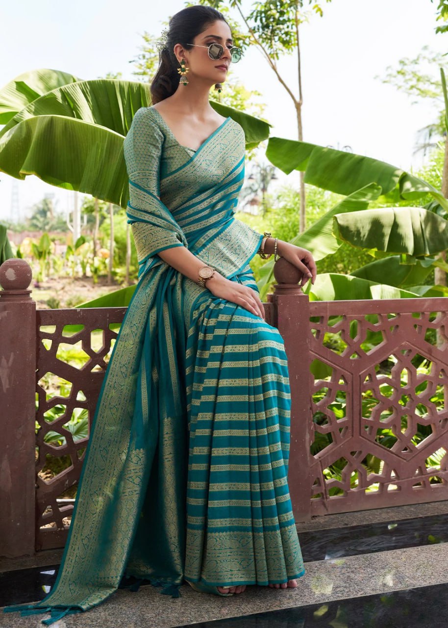 Elegant Sea Green Banarasi Silk Saree with Golden Zari Stripes