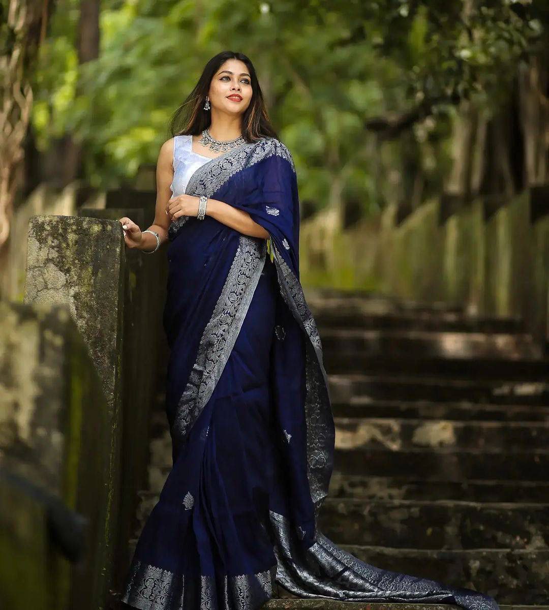 Navy Blue Banarasi Silk Saree with Silver Zari Border