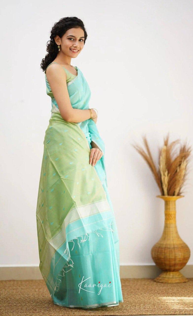 Mint Green Organza Saree with Golden Motifs and Yellow Border