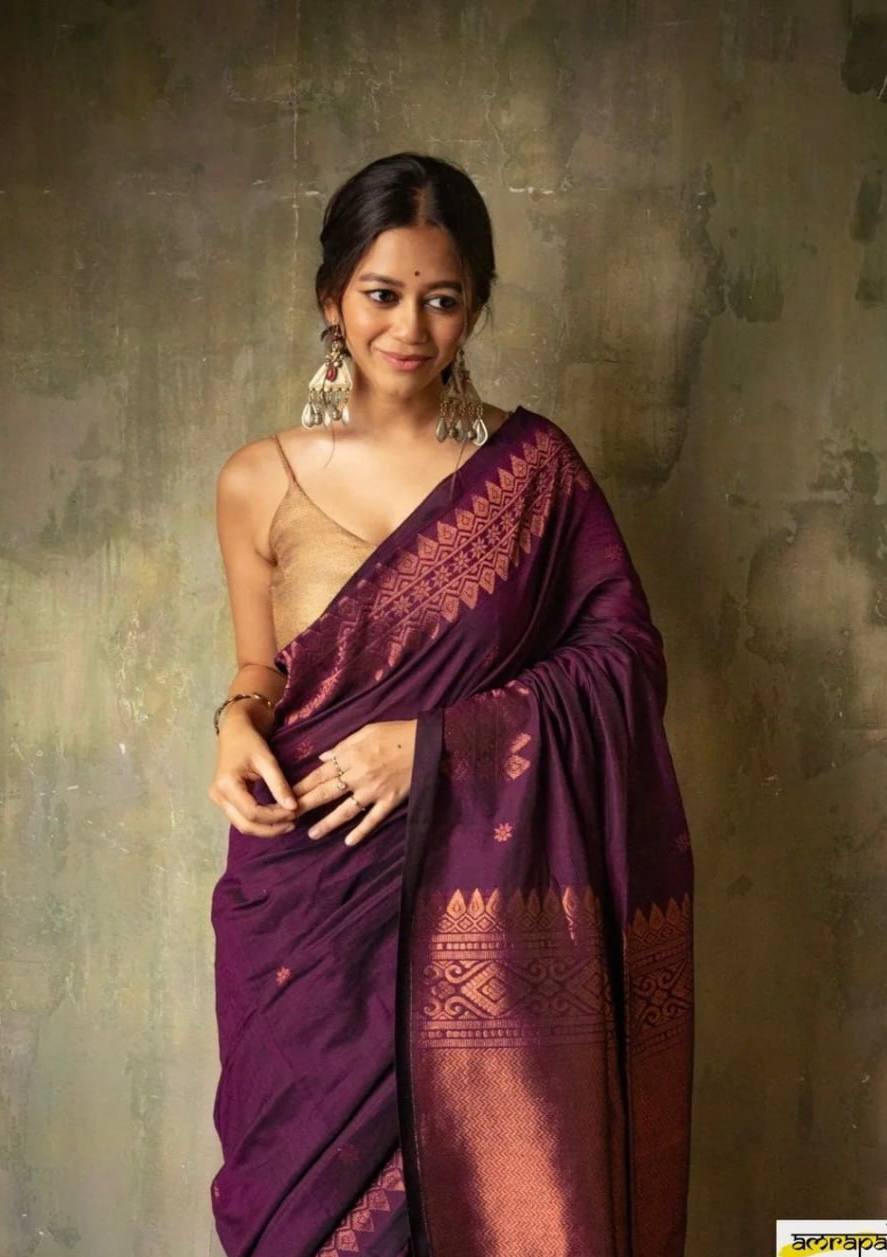 Deep Purple Silk Saree with Rose Gold Zari Border