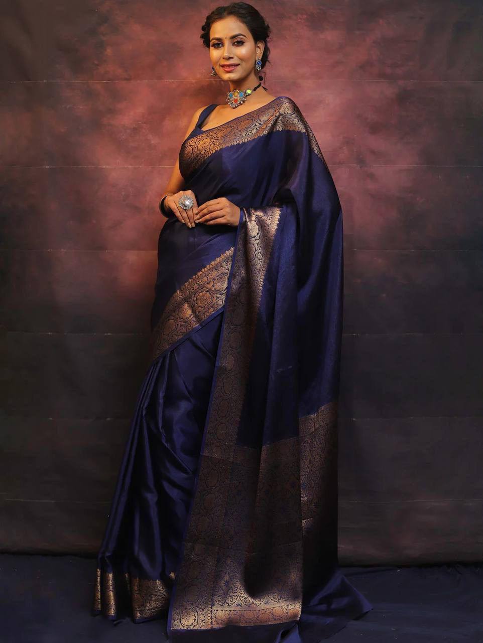 Royal Navy Blue Banarasi Silk Saree with Golden Zari Border