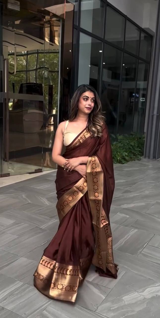 Brown Silk Saree with Gold Zari Border and Pallu