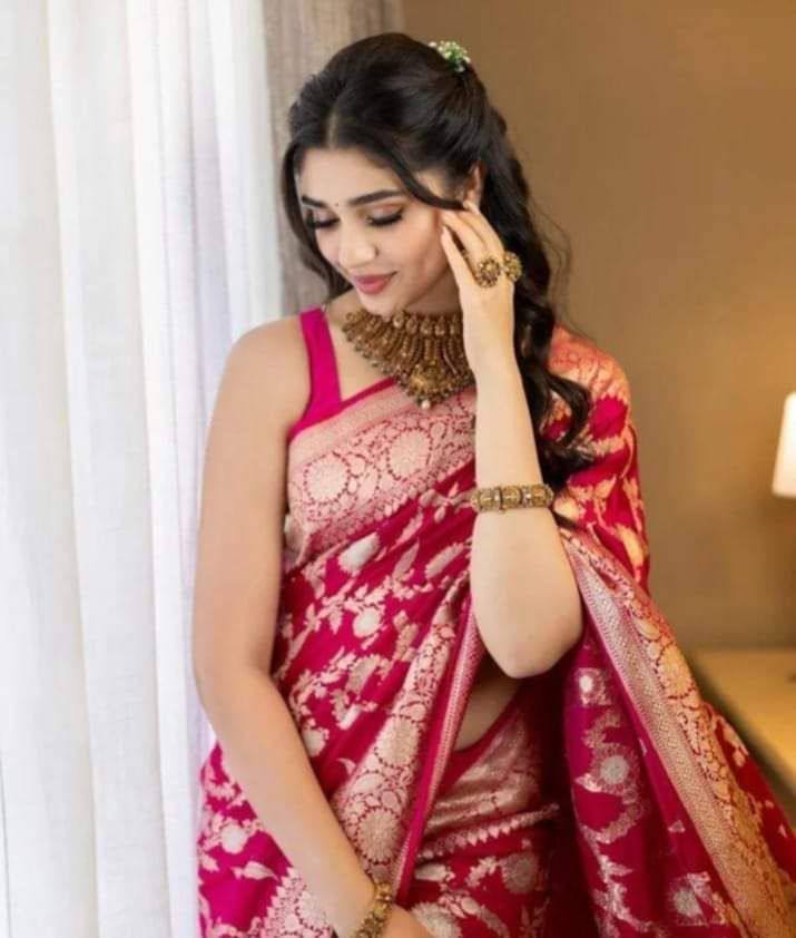 Traditional Red Banarasi Silk Saree with Gold Zari Work