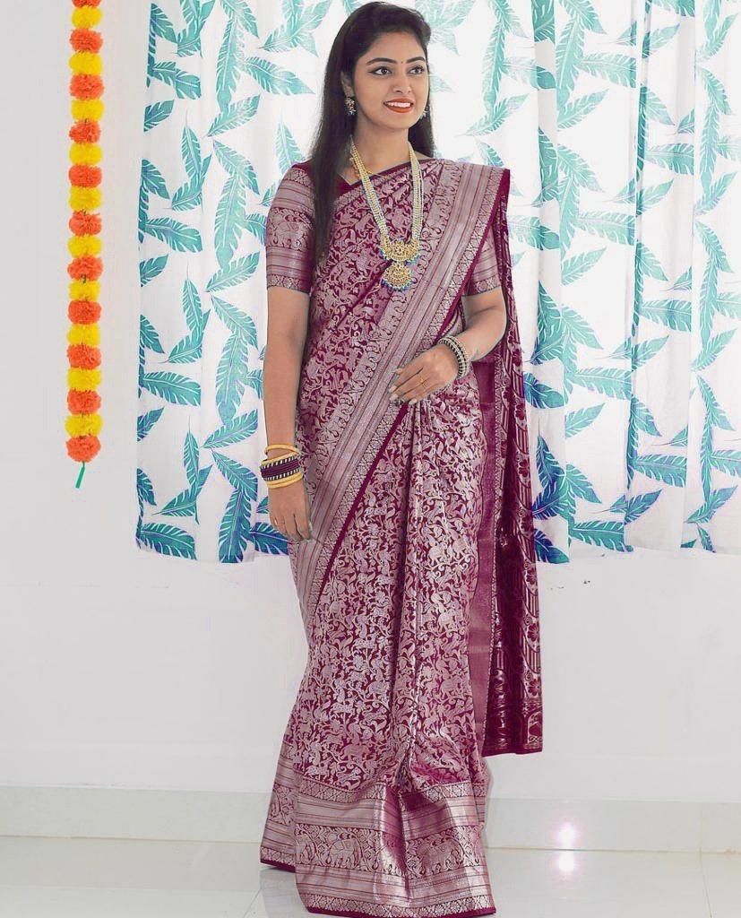 Banarasi Silk Saree with Intricate Woven Design in Wine Purple