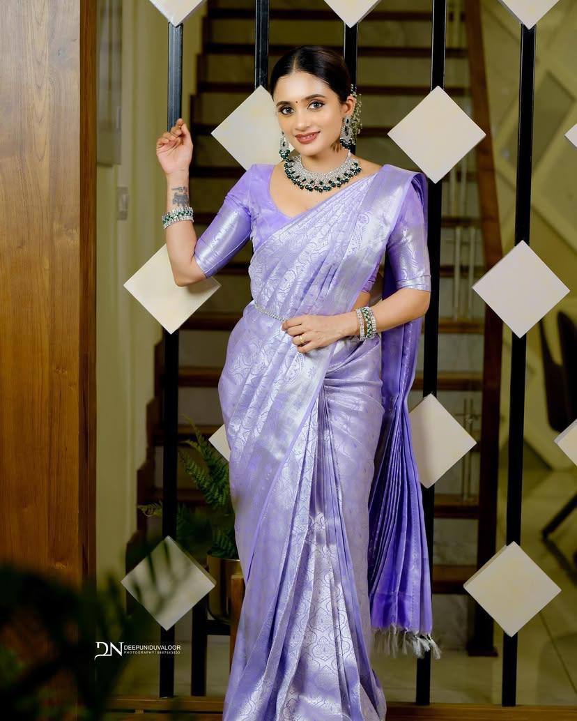 Elegant Purple Kanjivaram Silk Saree with Contrast Border and Zari Work