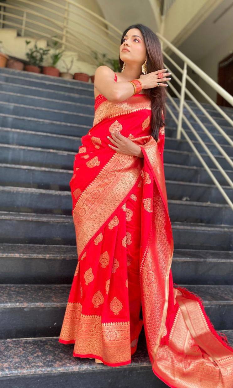 Traditional Red Banarasi Silk Saree with Golden Brocade Work