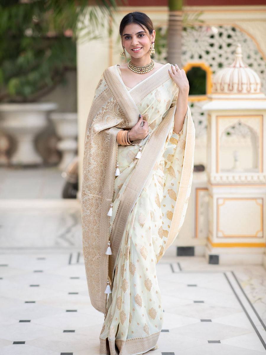 Elegant White Silk Saree with Golden Buti Work and Woven Border
