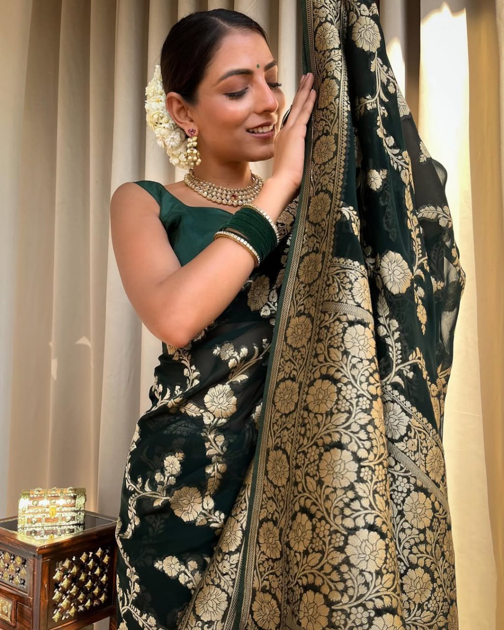 Black and Gold Banarasi Silk Saree with Floral Zari Work