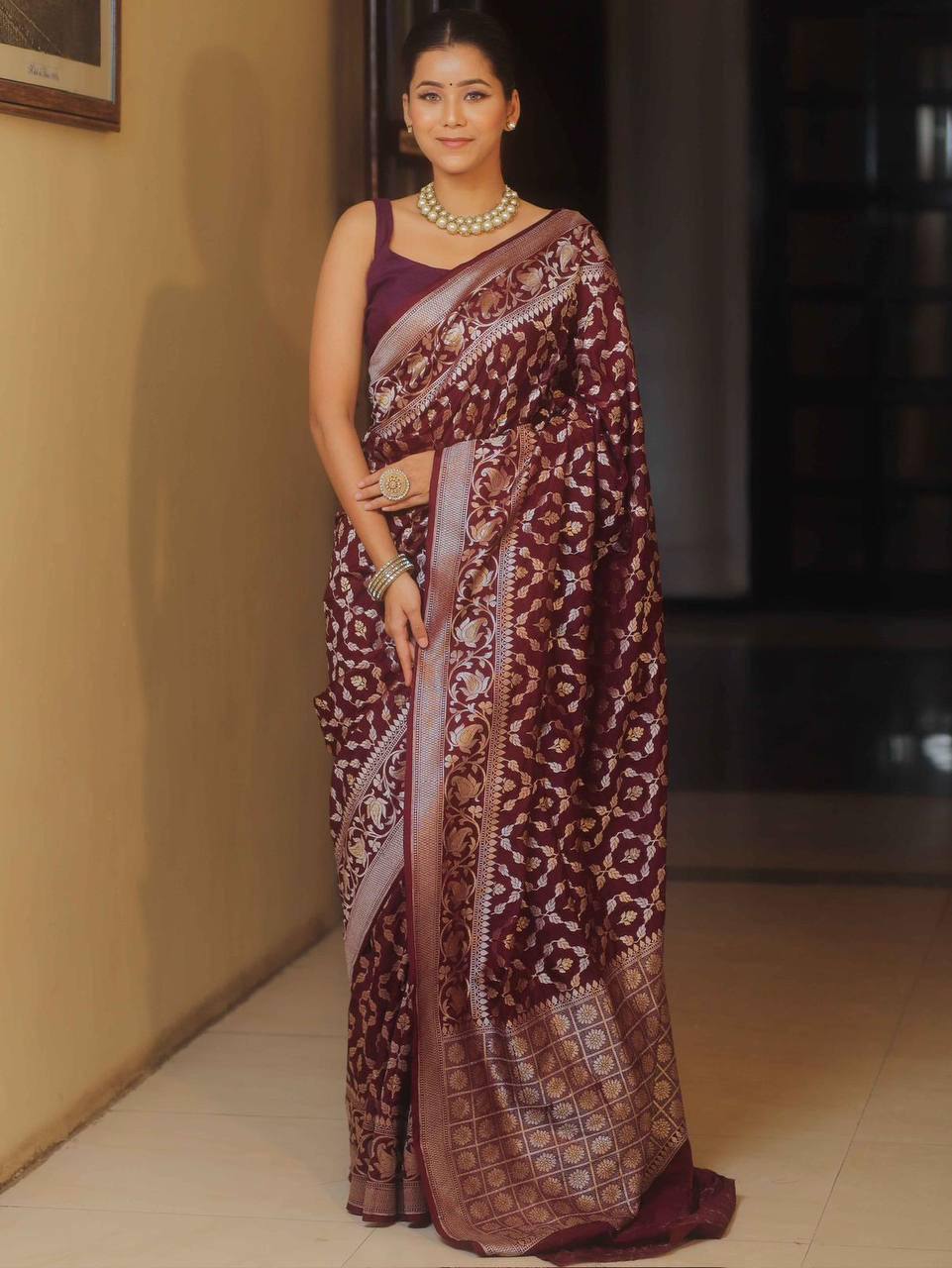 Burgundy Banarasi Silk Saree with Floral Zari Work