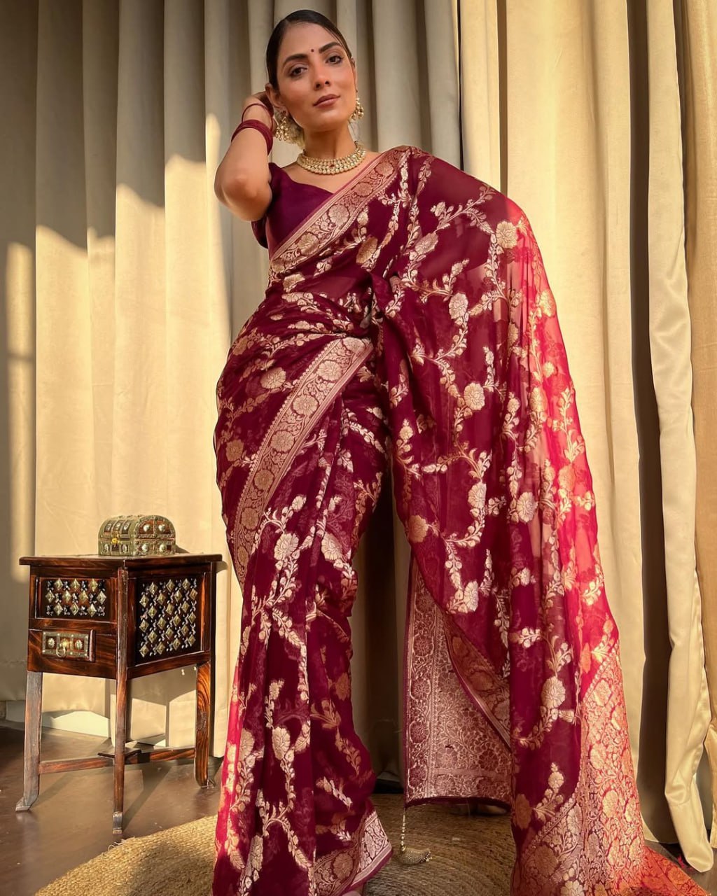 Maroon Banarasi Silk Saree with Golden Floral Embroidery and Purple Blouse