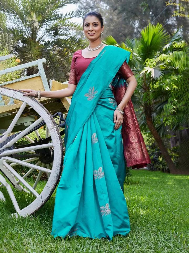 Teal Silk Saree with Maroon Border and Pallu
