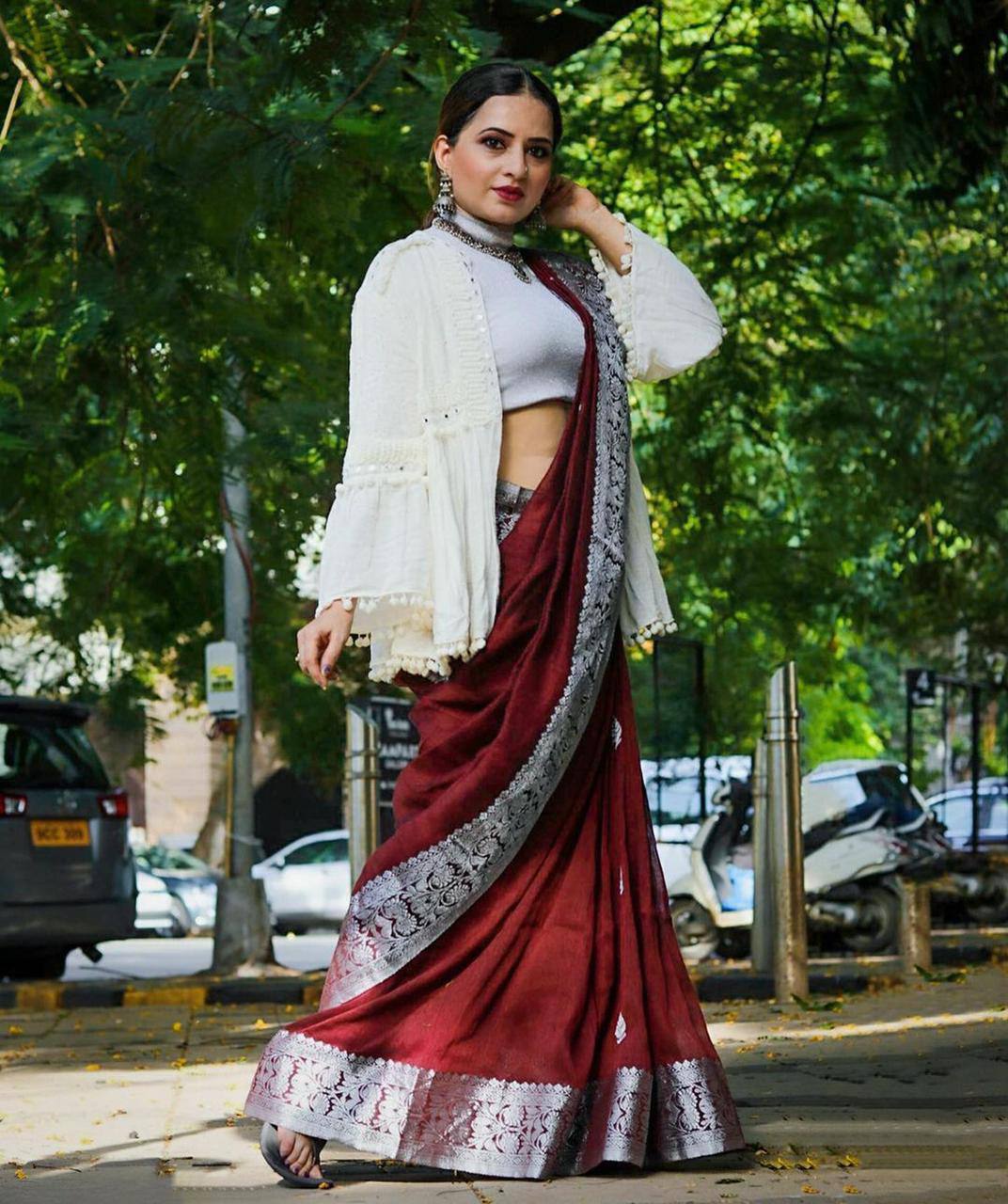 Maroon Banarasi Silk Saree with Silver Zari Border