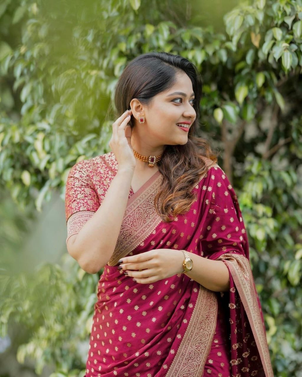 Maroon Banarasi Silk Saree with Golden Buti Work and Embroidered Blouse