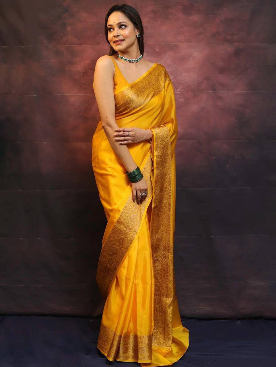Elegant Yellow Silk Saree with Golden Border