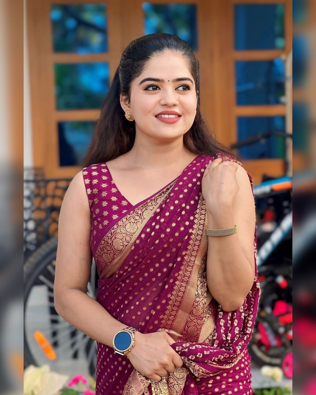 Maroon Banarasi Silk Saree with Golden Polka Dots and Zari Border