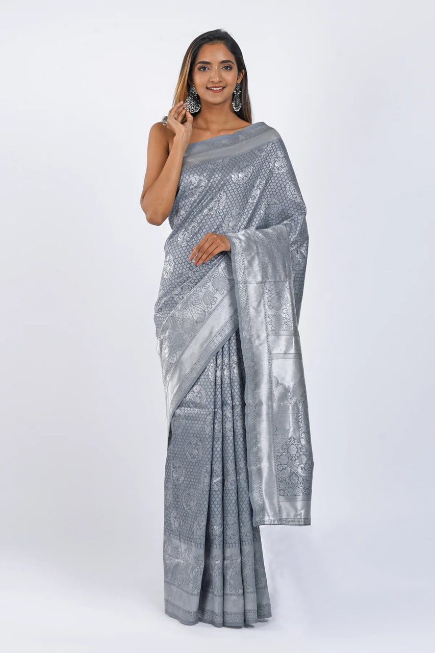 Grey Banarasi Silk Saree with Silver Zari Work