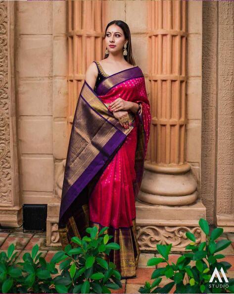 Vibrant Purple and Pink Silk Saree with Zari Border and Matching Blouse Pieces
