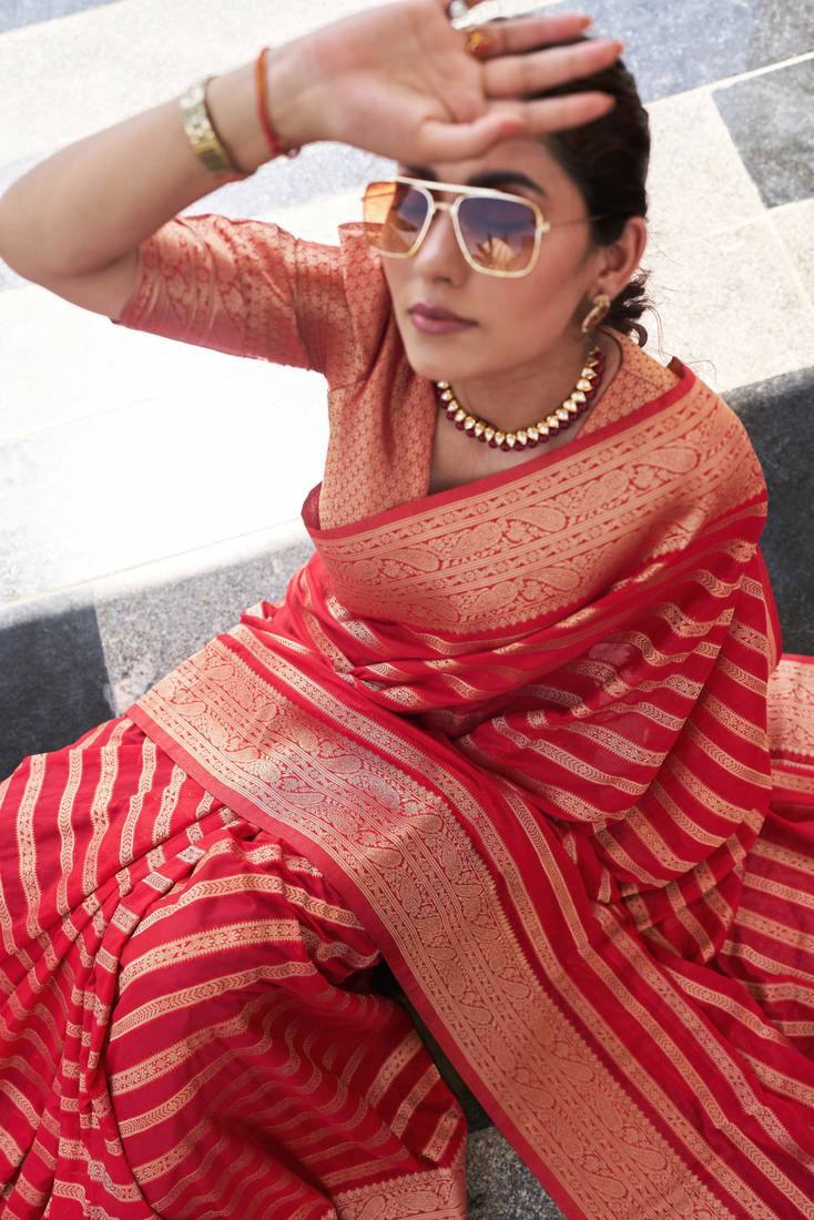 Red Banarasi Silk Saree with Golden Zari Stripes