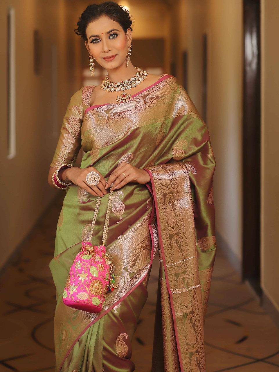 Banarasi Silk Saree with Woven Zari Border Traditional Green Silk Saree