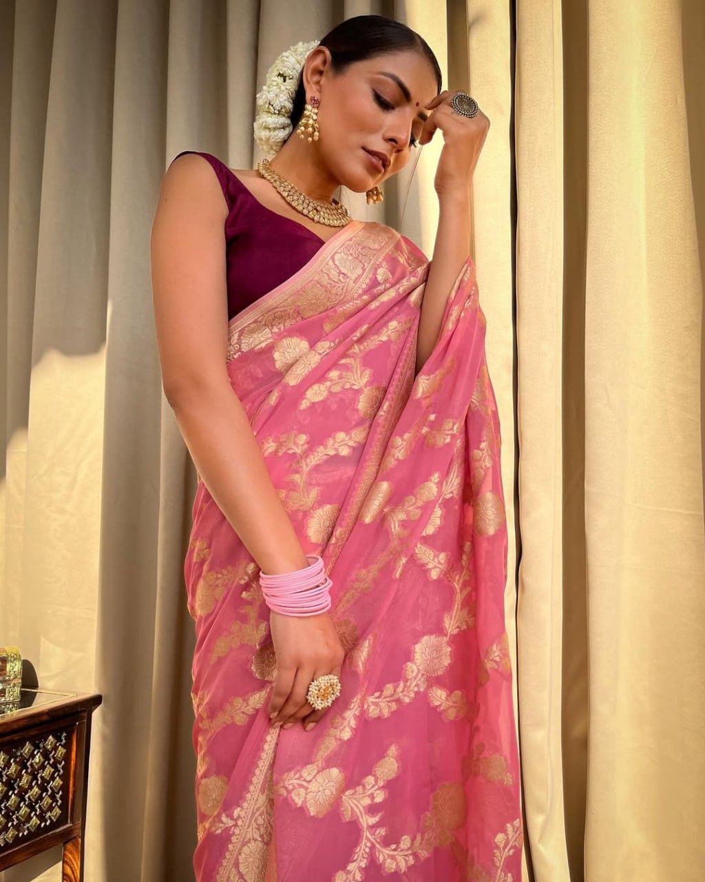 Pink Banarasi Silk Saree with Gold Zari Work and Maroon Blouse