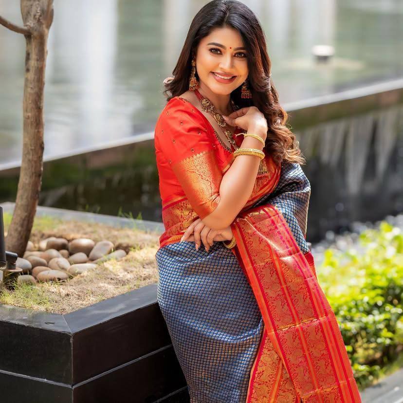 Black Checkered Silk Saree with Red Border and Golden Zari Work